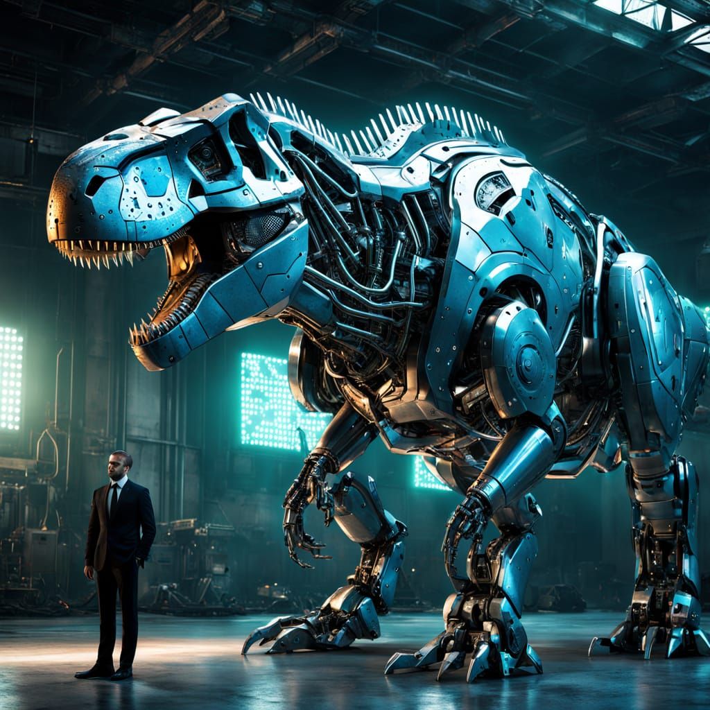 Man Confronts Gigantic Robotic T-Rex in Concept Art