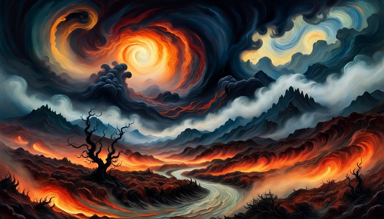 Fiery Vortex in Mystical Landscape, Post-Impressionist Style