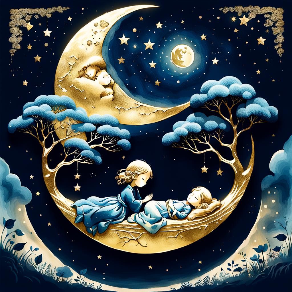 Chibi Couple Dreaming in Cyanotype Moonscape