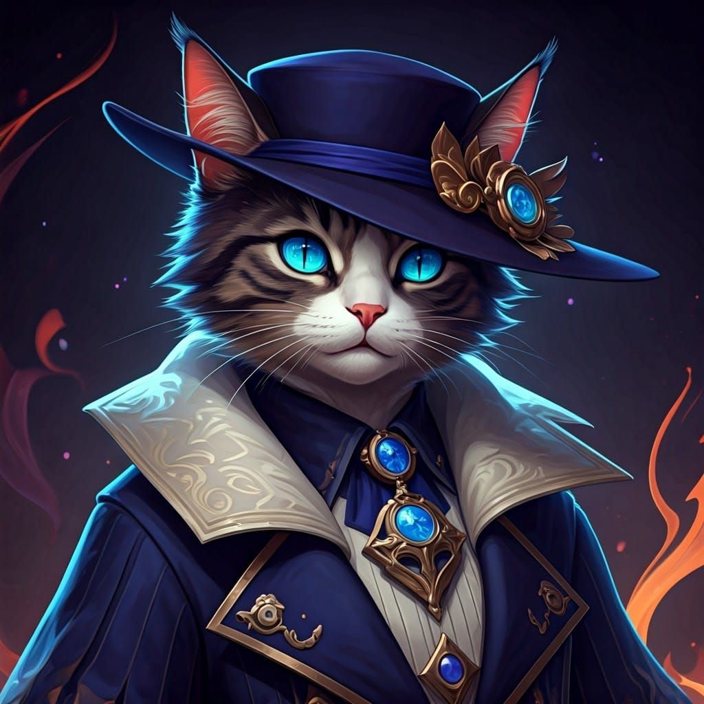 Elegant Anime Cat in a Hat with Swirling Patterns