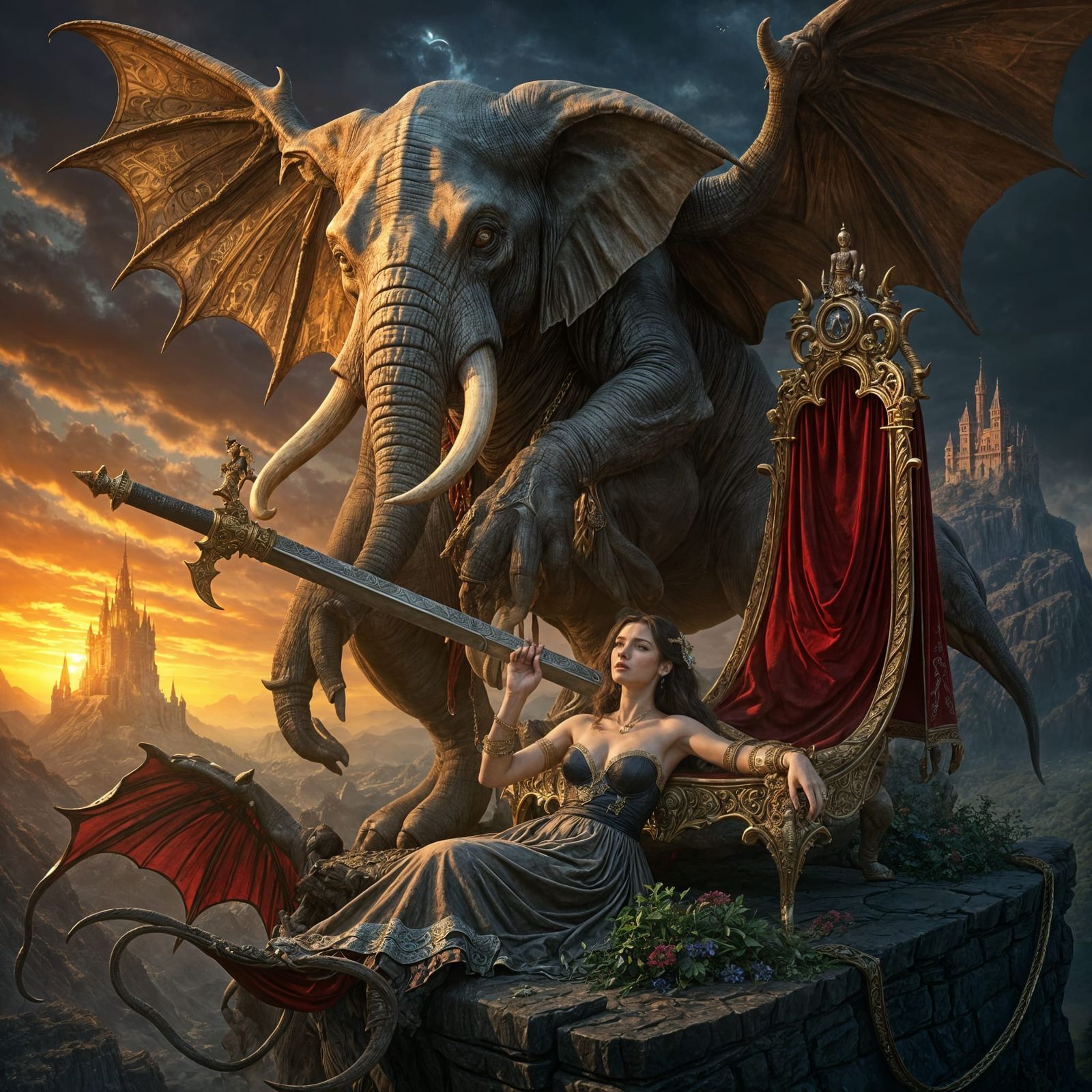 Monster Elephant with Sword in Epic Fantasy Scene