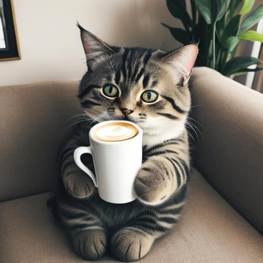 Cute Cat Enjoying Coffee on Couch