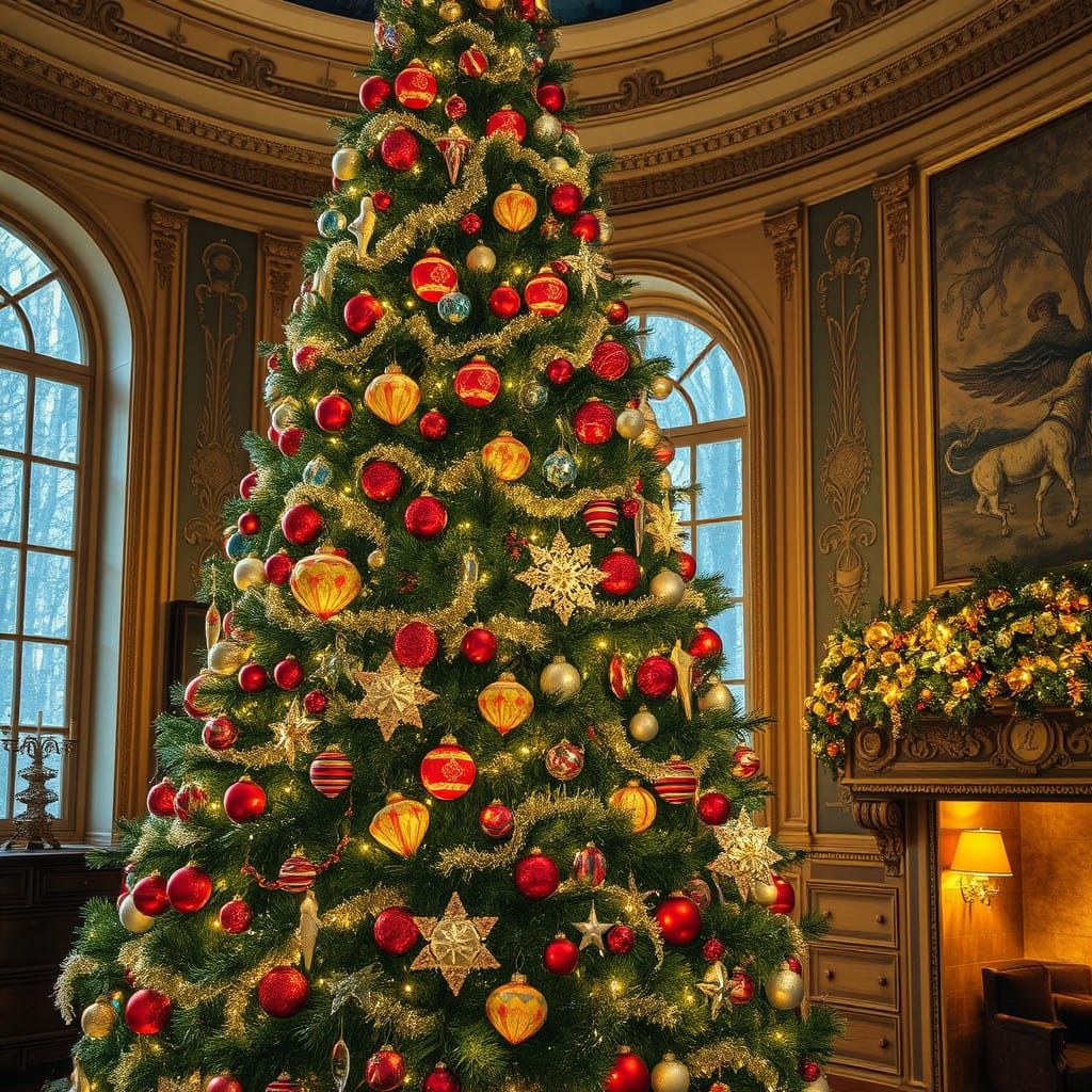 Whimsical Christmas Tree in a Golden Room