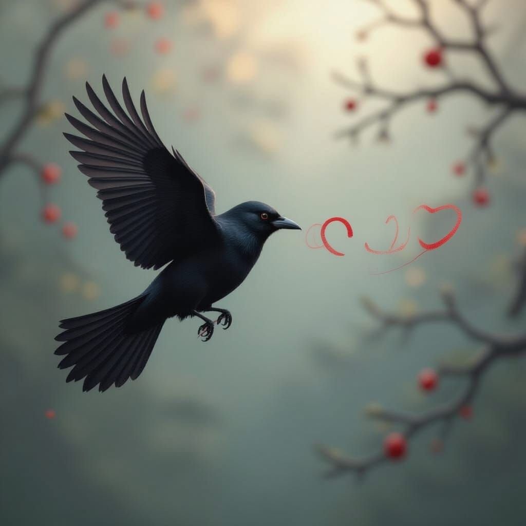 Black Bird Flies With Red String of Fate Infinity Symbol
