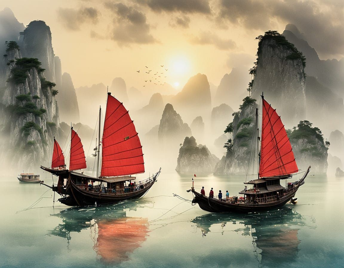 Traditional Vietnamese Junk Boat in Misty Halong Bay Landsca...