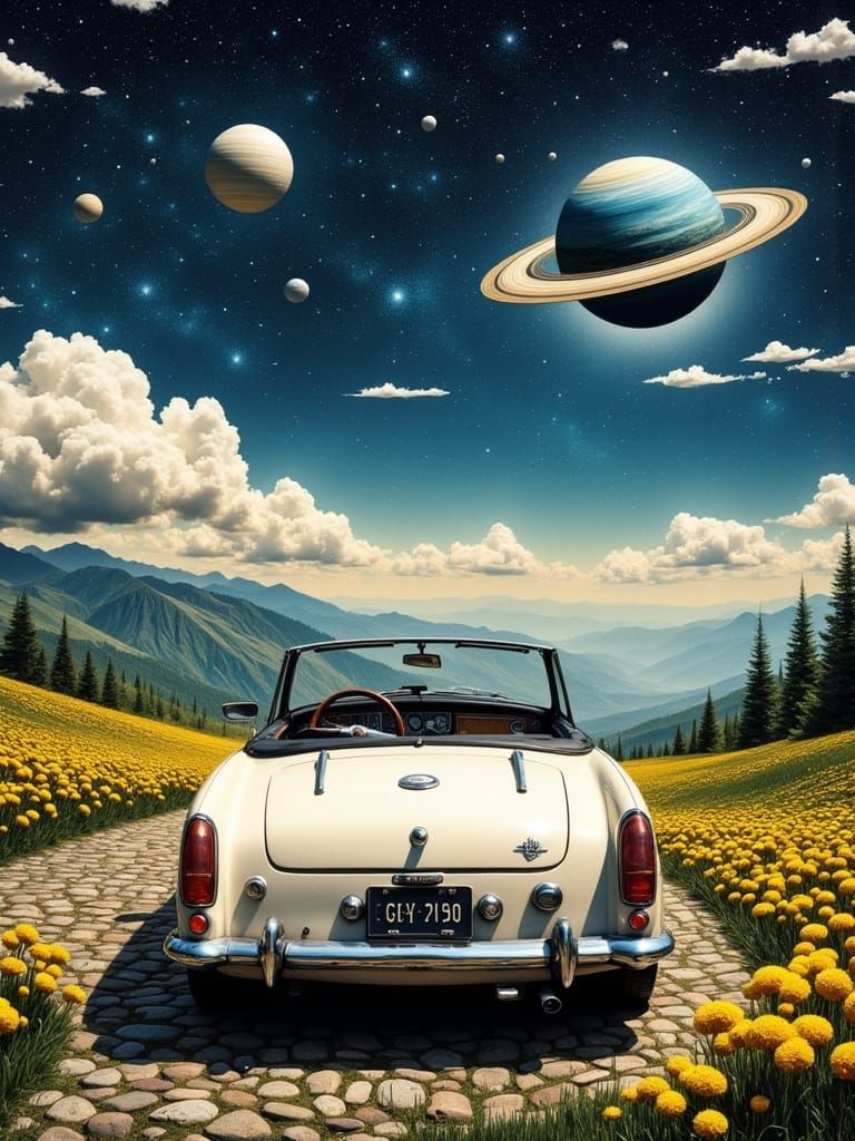 Surreal Nighttime Scene with Vintage Car and Celestial Eleme...