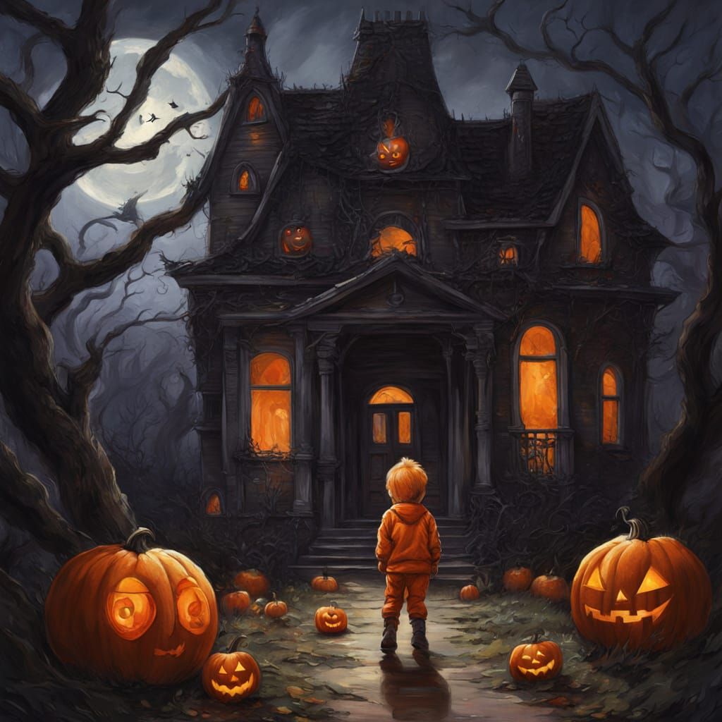 Eerie Halloween Night: Child in Pumpkin Costume with Glowing...