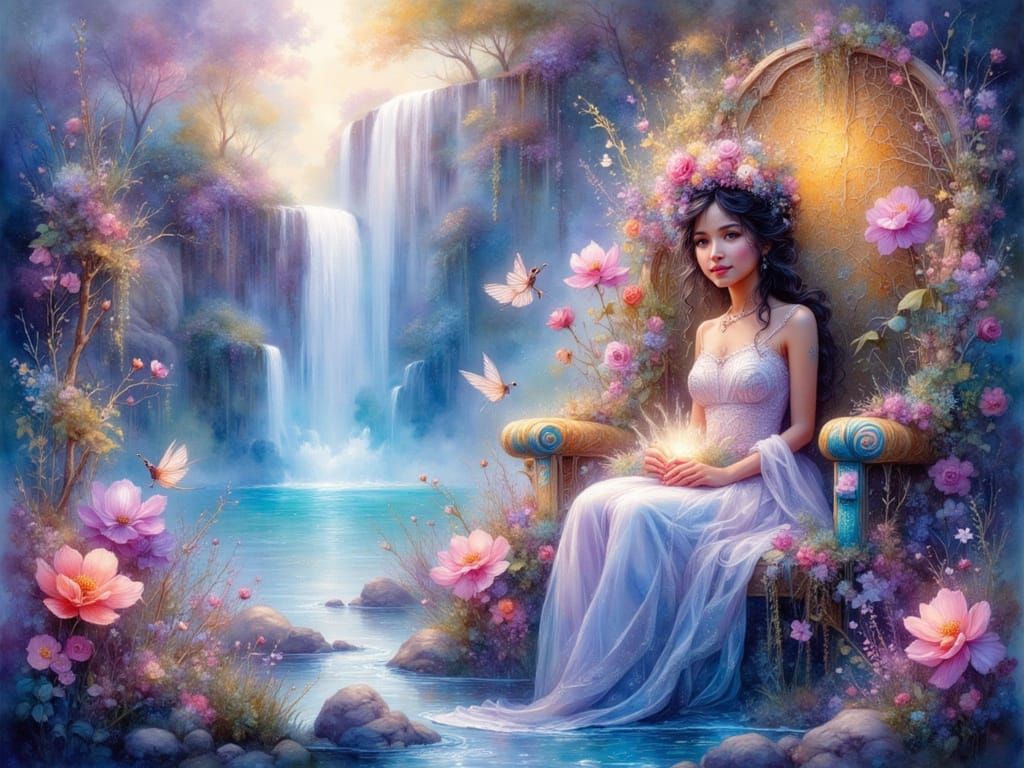 Whimsical Princess in Floral Throne by Waterfall