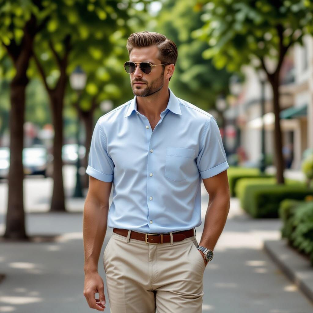 Man on Boulevard with 1950s Holiday Vibe
