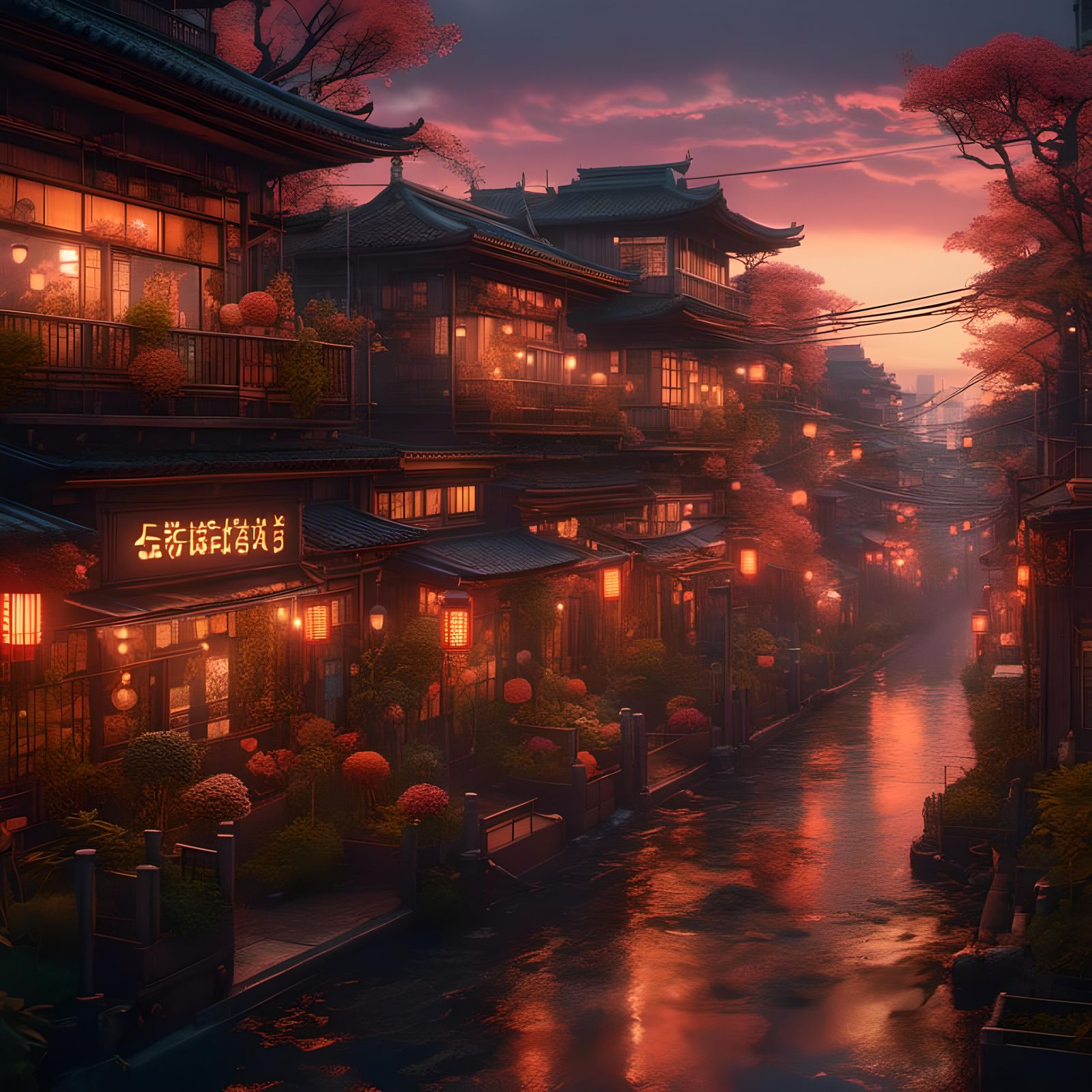 Kyoto Street Scene in Japanese Cyberpunk Style