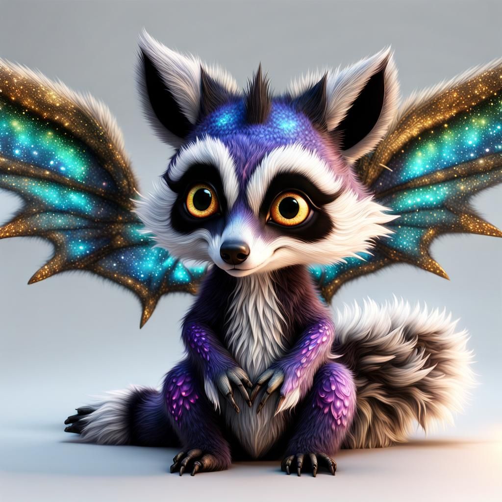 Winged Raccoon Dragon with Iridescent Stars in Fantasycore S...