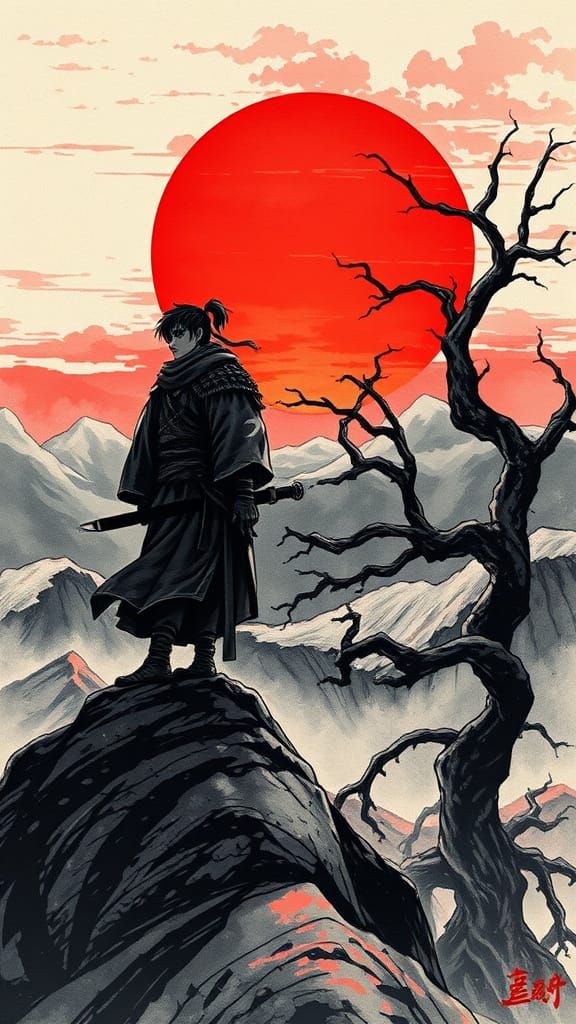 Samurai at Sunset: Dark Fantasy Manga Style