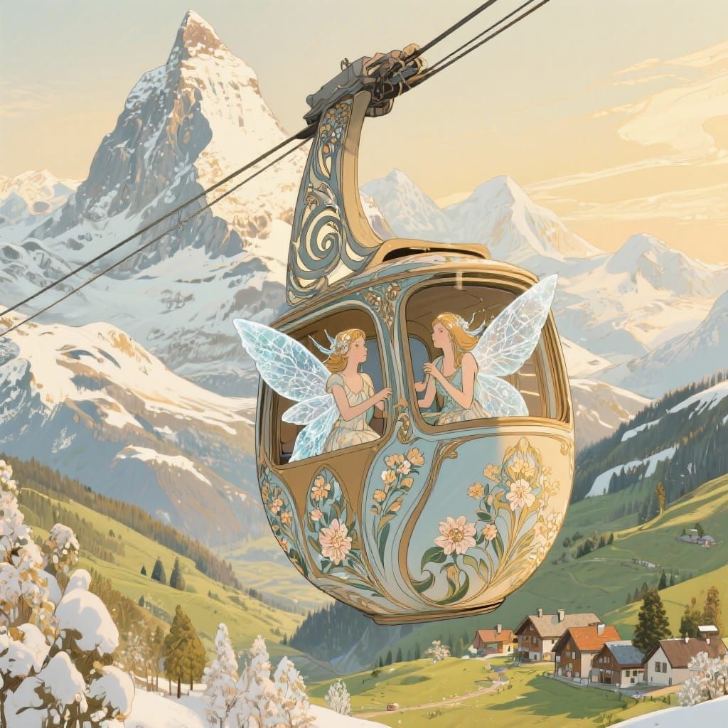 Art Nouveau Swiss Alps Cable Car with Fairies