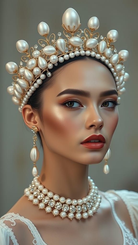 Baroque Pearl Crown on Model, Ultra-Realistic Texture