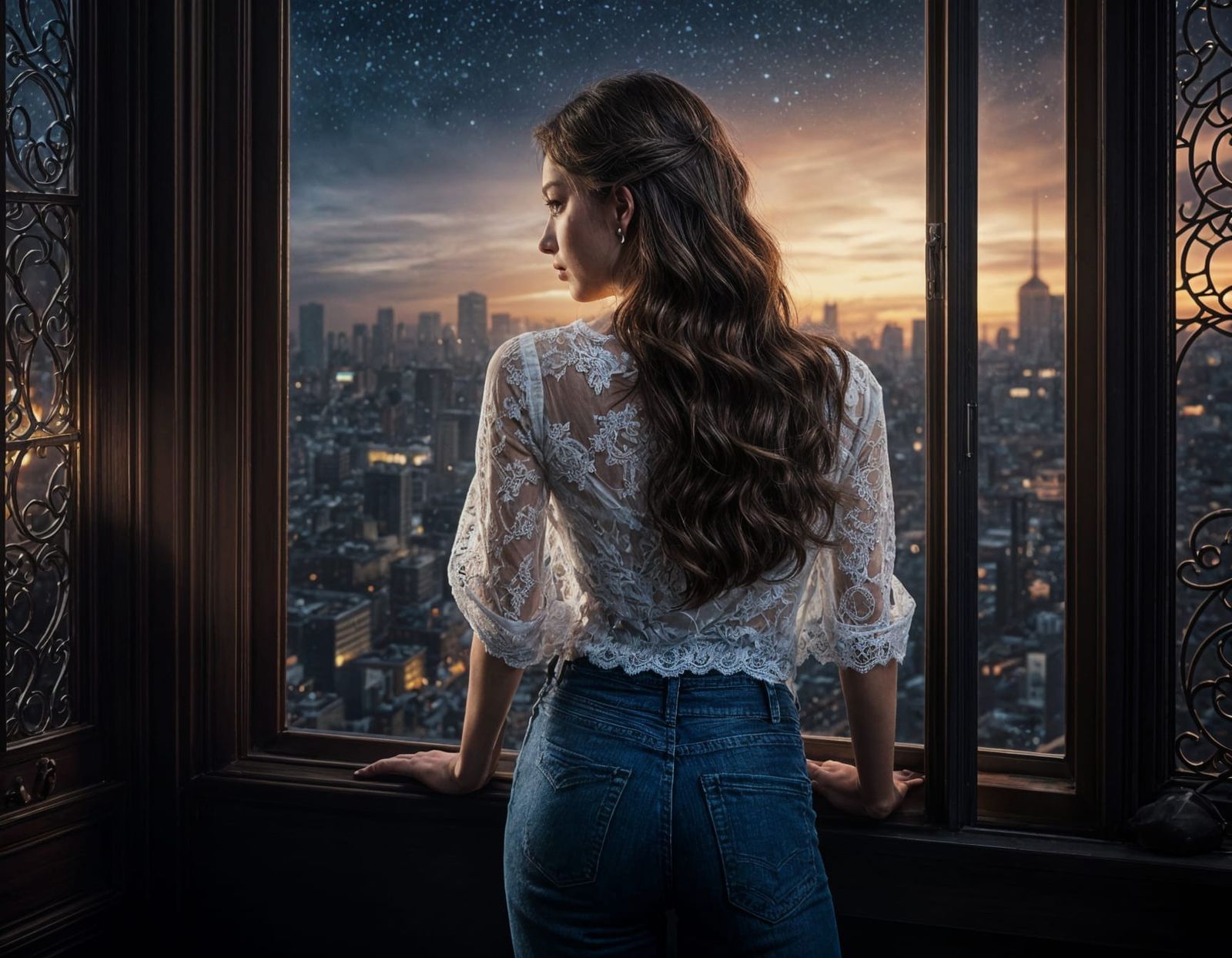 Woman Gazing at Cityscape at Night