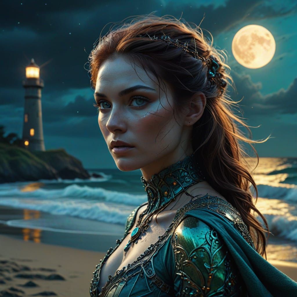 Victorian Lighthouse at Night on Lush Coastline