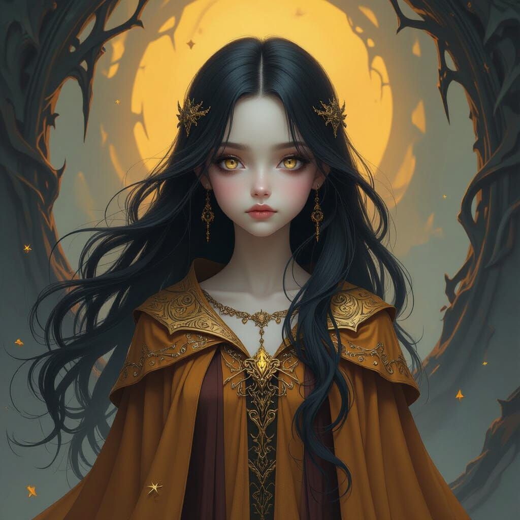 Gothic Fantasy Girl in Ochre Robes, Dark Atmosphere