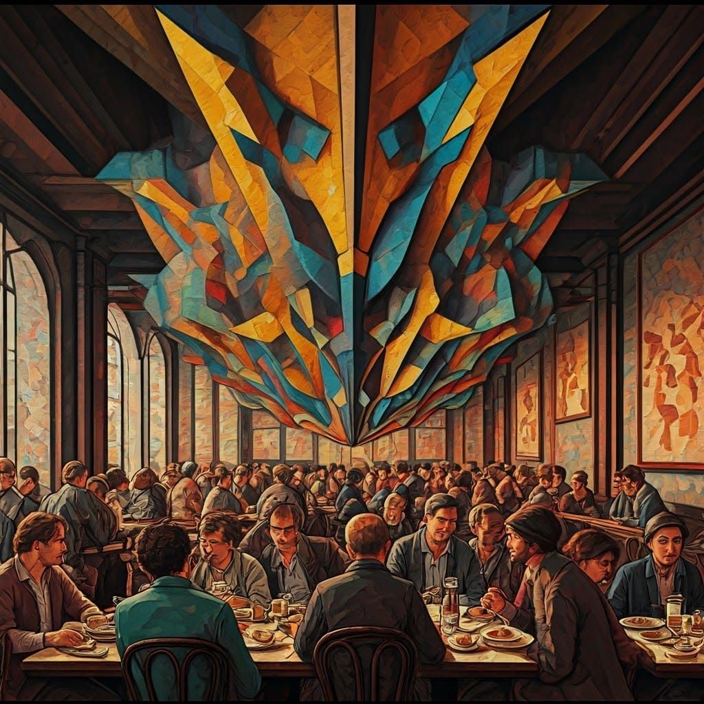 Geometric Cubist Light Sculpture in Crowded Restaurant