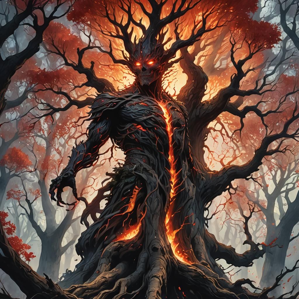 Flaming Tree Being in Dark Fantasy Style