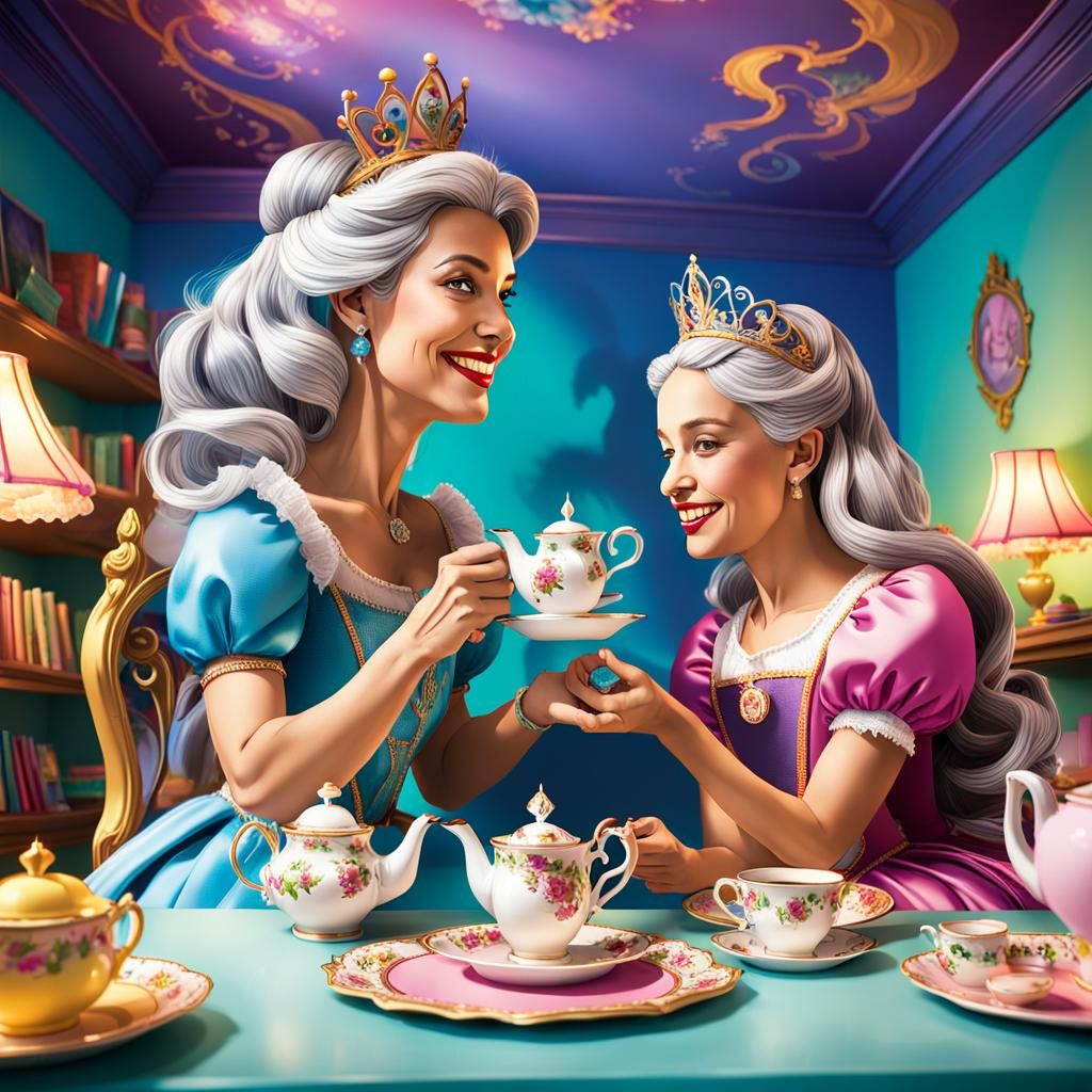 Playful Mother and Daughter's Princess Tea Party