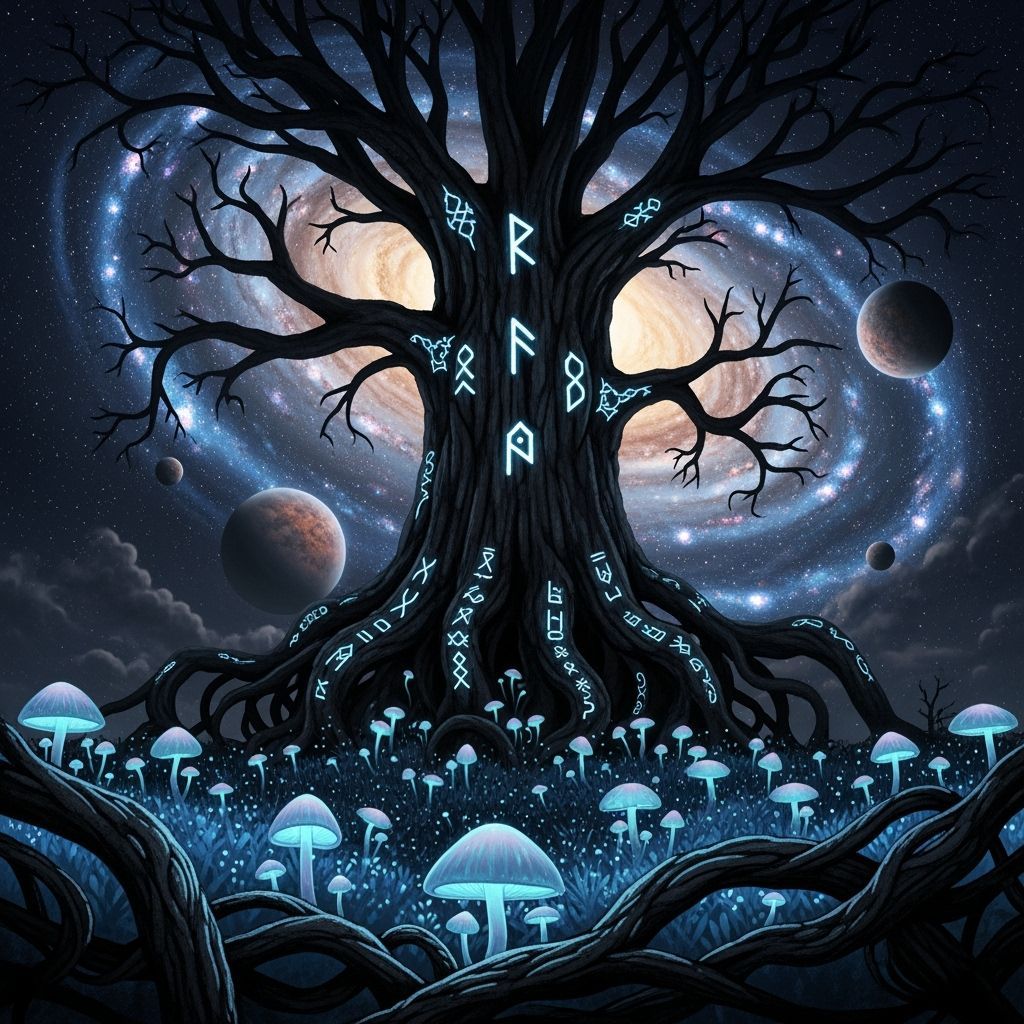 Mystical Runed Tree Against Swirling Galaxy
