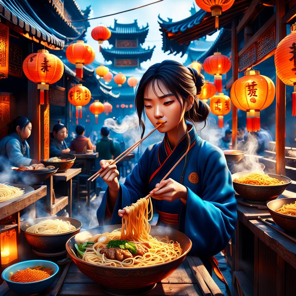 Girl Eating Noodles at Chinese Street Stall