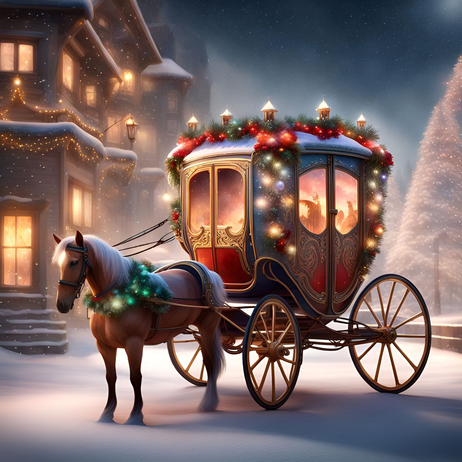 Magical Christmas Horse Carriage in Watercolor Style