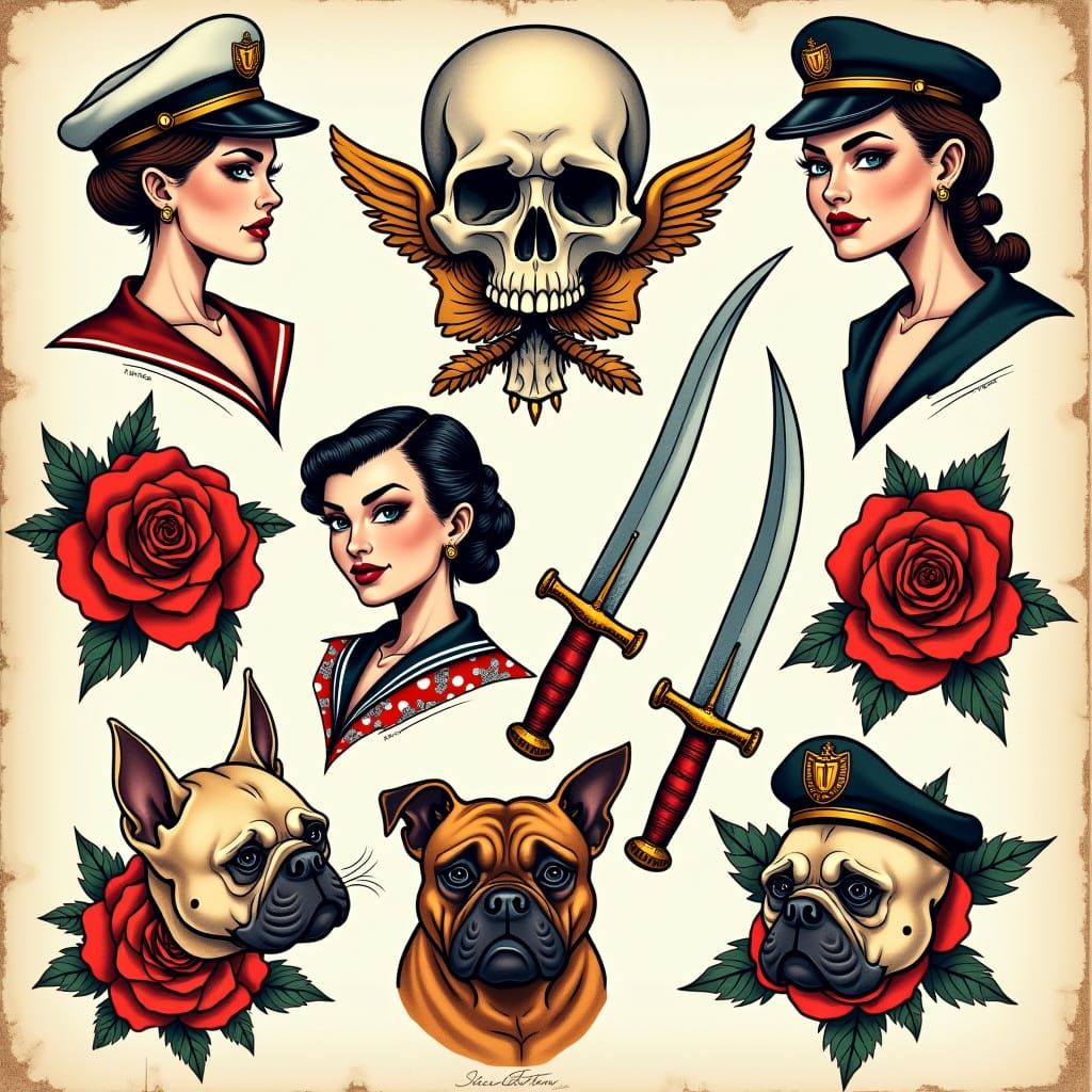 Classic Tattoo Flash Art: Daggers, Roses, and Sailor Motifs