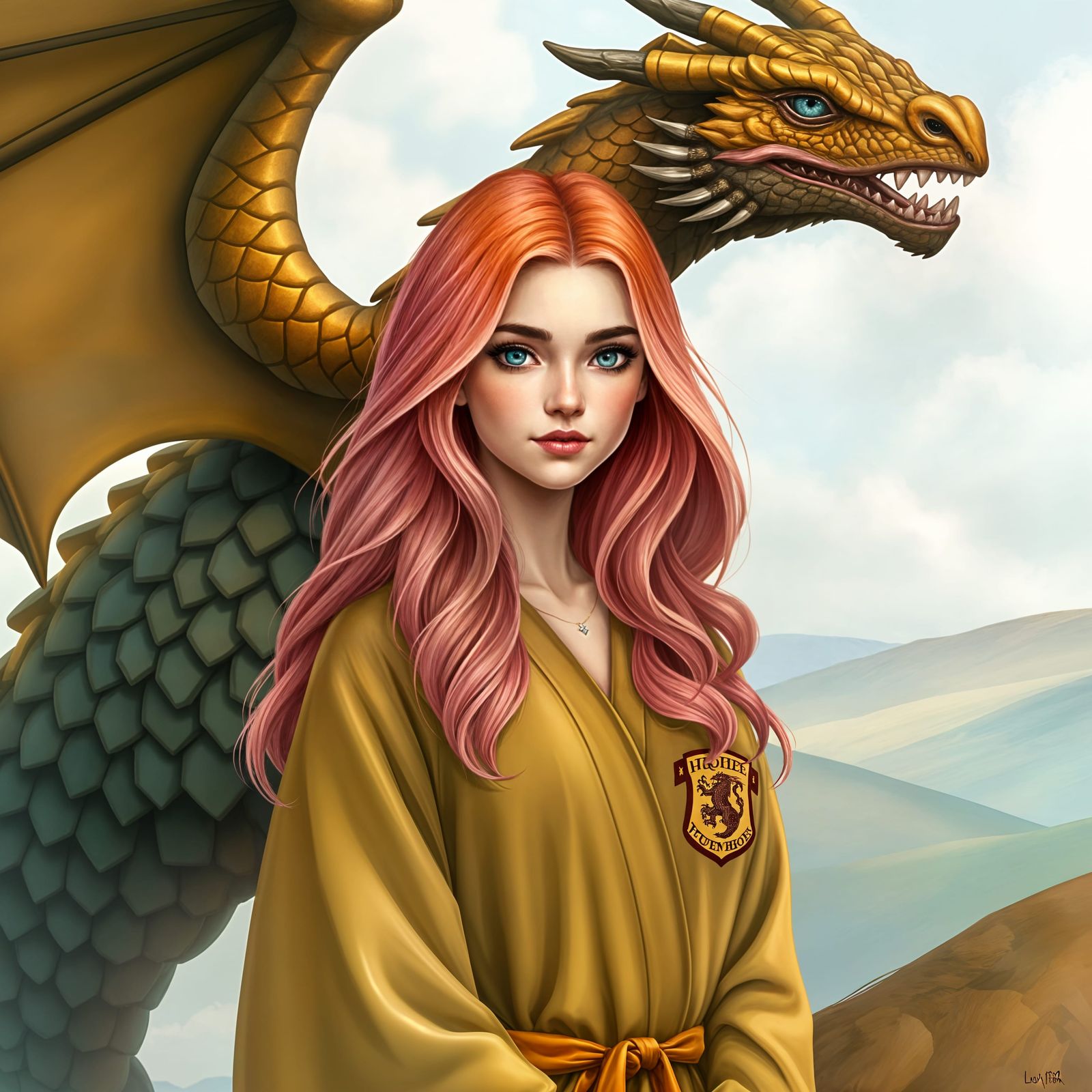 Hufflepuff Woman with Vibrant Ombre Hair and Majestic Dragon