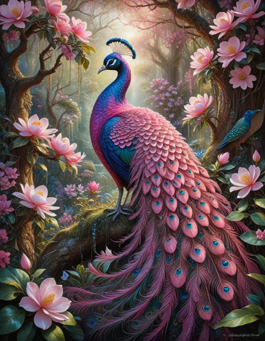 Pink Peacock Displays Jeweled Plumage in Garden