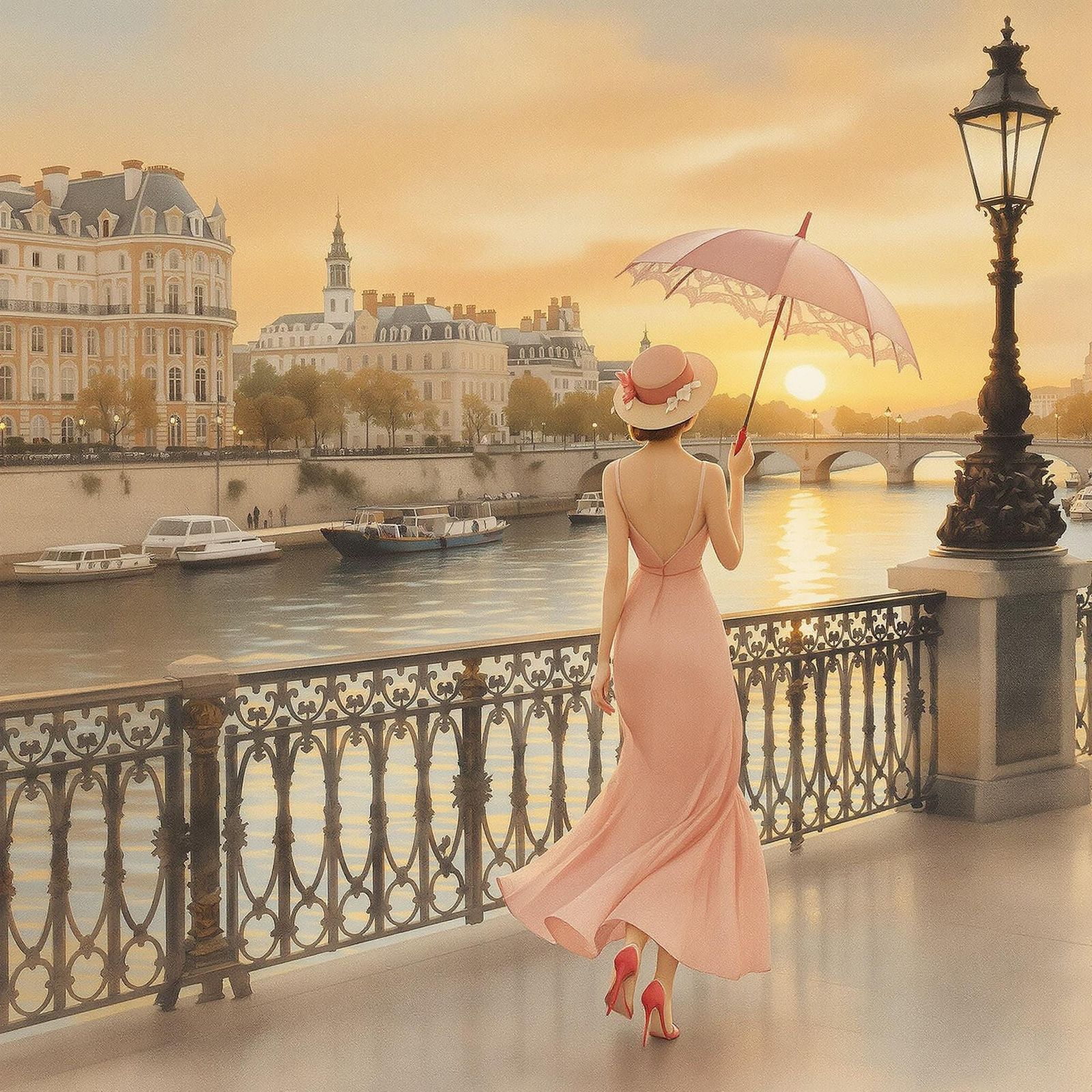 Parisian Woman Strolling Along Seine in Impressionist Style