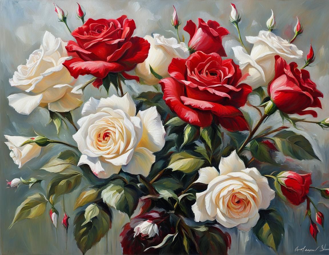 Hyperrealistic Floral Painting of Red and White Roses
