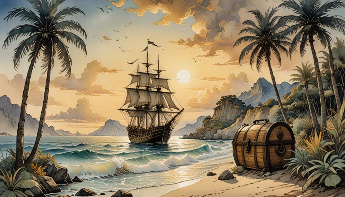 Treasure Island Scene in Vintage Illustration Style