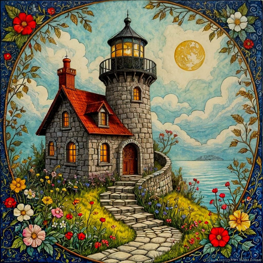 Whimsical Storybook Lighthouse in Surreal Style