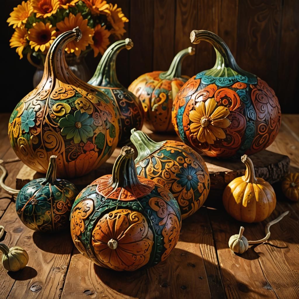 Colorful Folk Art Gourds on Rustic Table
