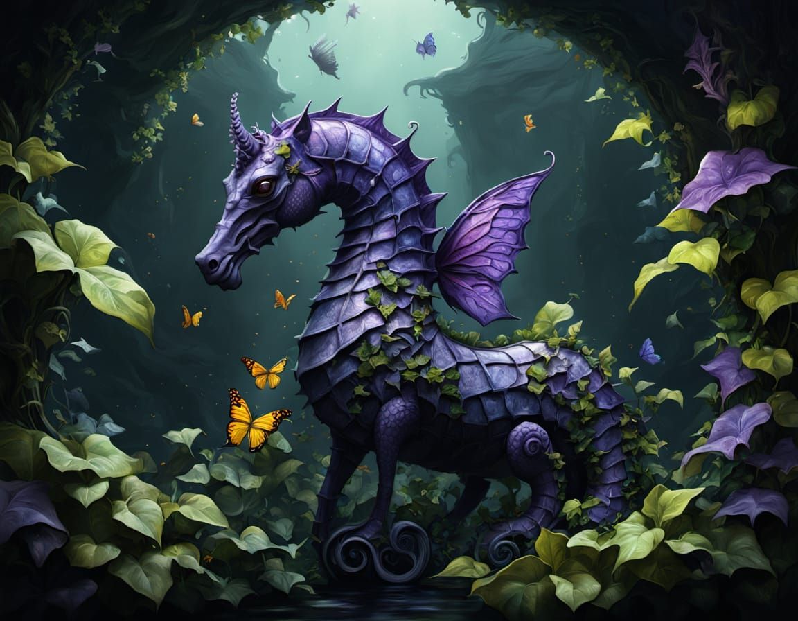 Surreal Dark Fantasy Art Featuring Seahorse and Butterfly