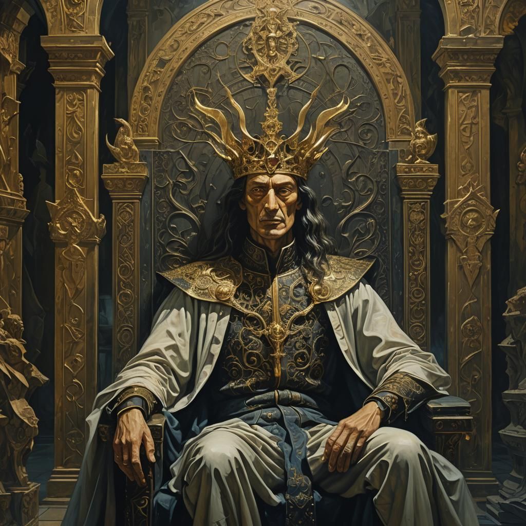 Ancient Ruler in Dark Castle: Surrealist Oil Painting