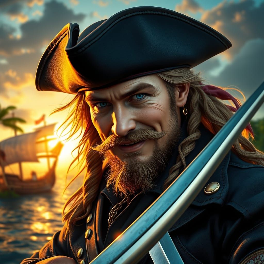 Chiseled Pirate with Golden Locks and Navy Blue Coat in Trop...