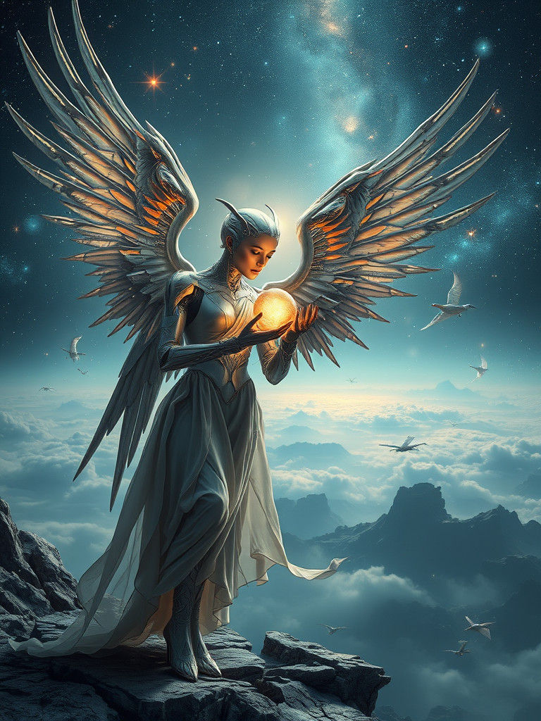 Enchanting Android with Metallic Wings in Digital Portrait