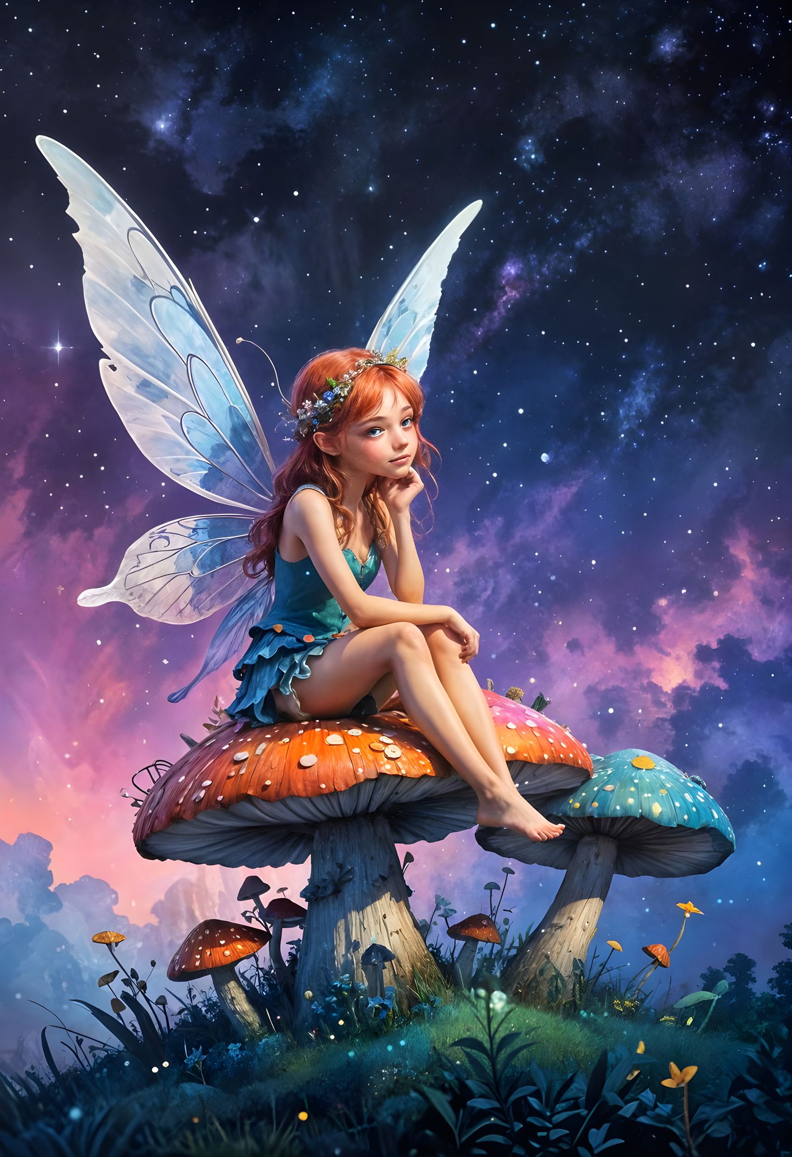 Dreamy Fairy Gazing at Stars, Whimsical Digital Art