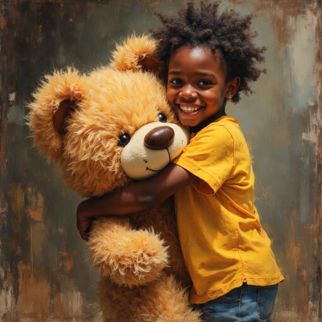 Cute Boy Hugs Giant Fluffy Teddy Bear