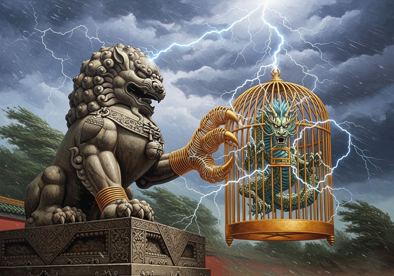 Azure Dragon Trapped in Golden Cage Amidst Storm