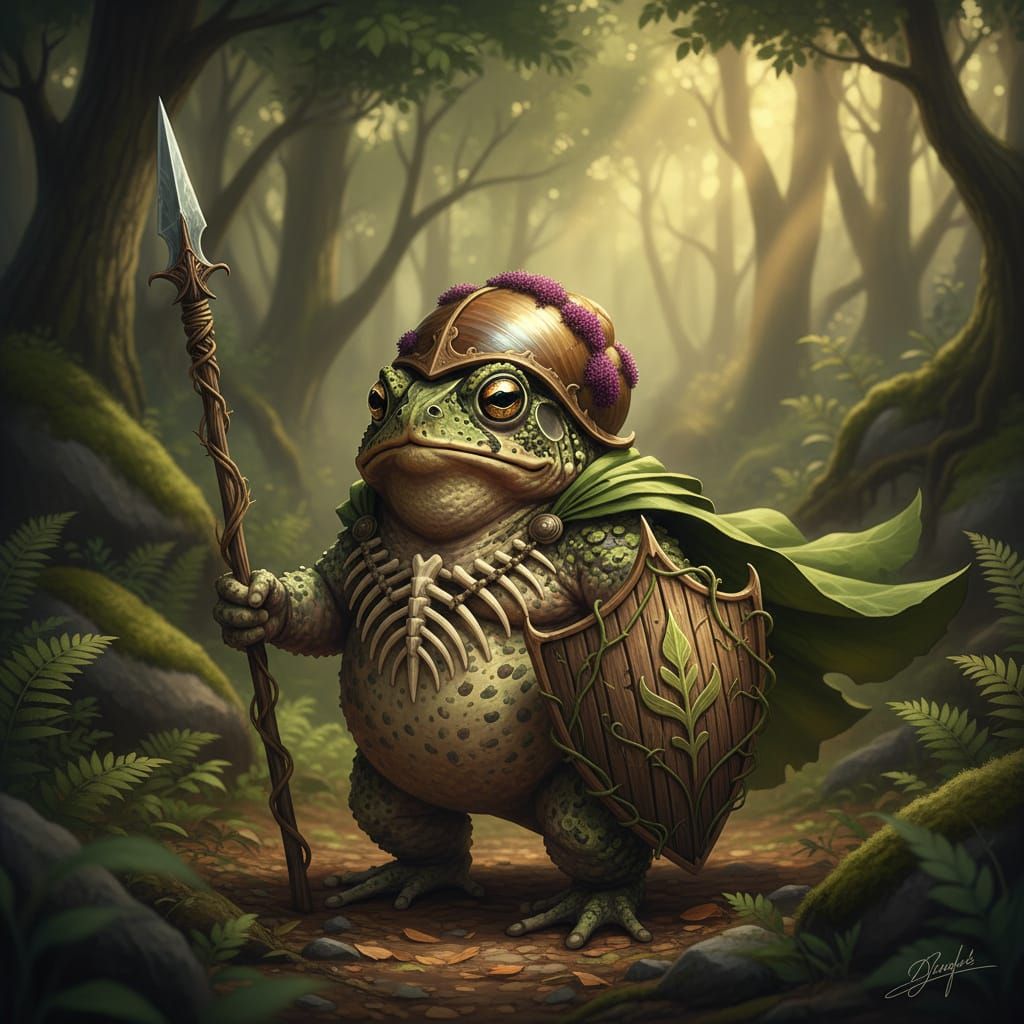 Stout Toad Warrior in Sun-Dappled Forest, Photorealistic Sty...
