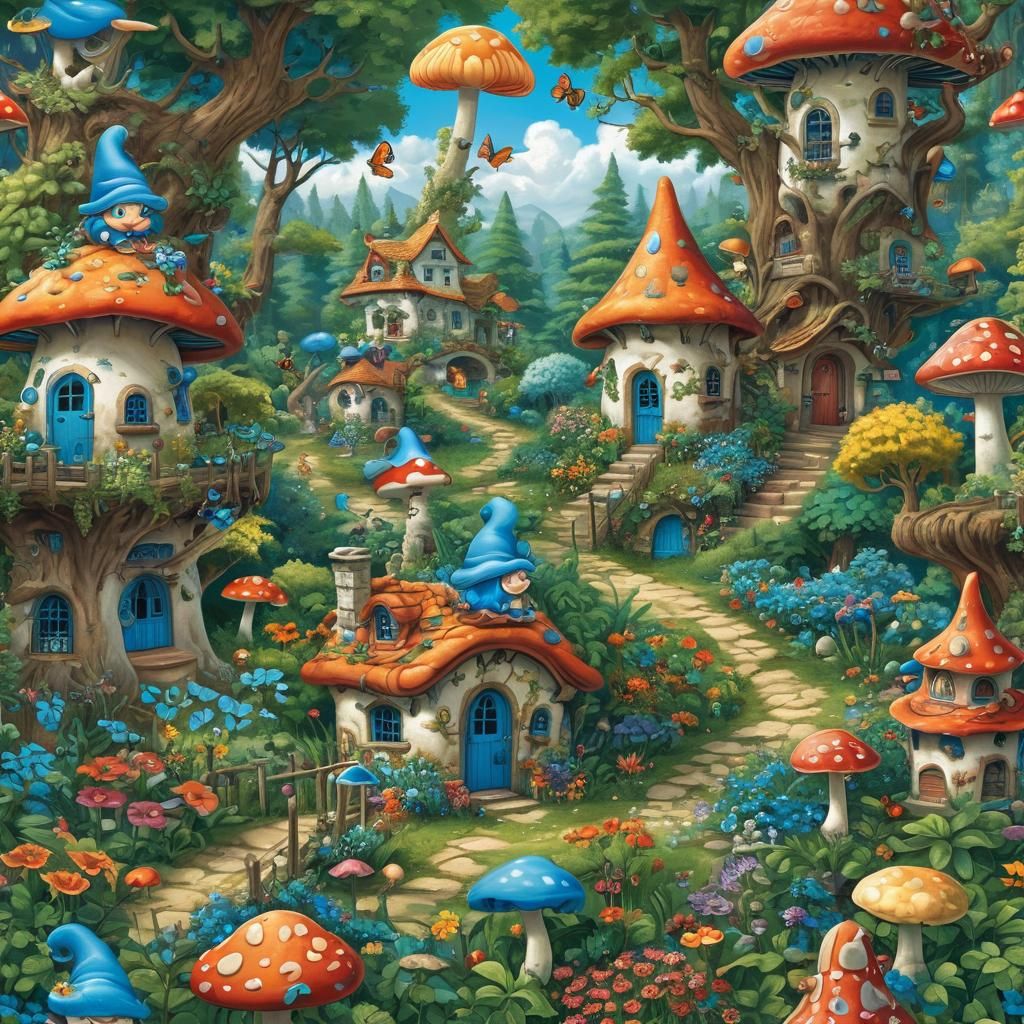 Whimsical Smurf Village in a Blue Forest