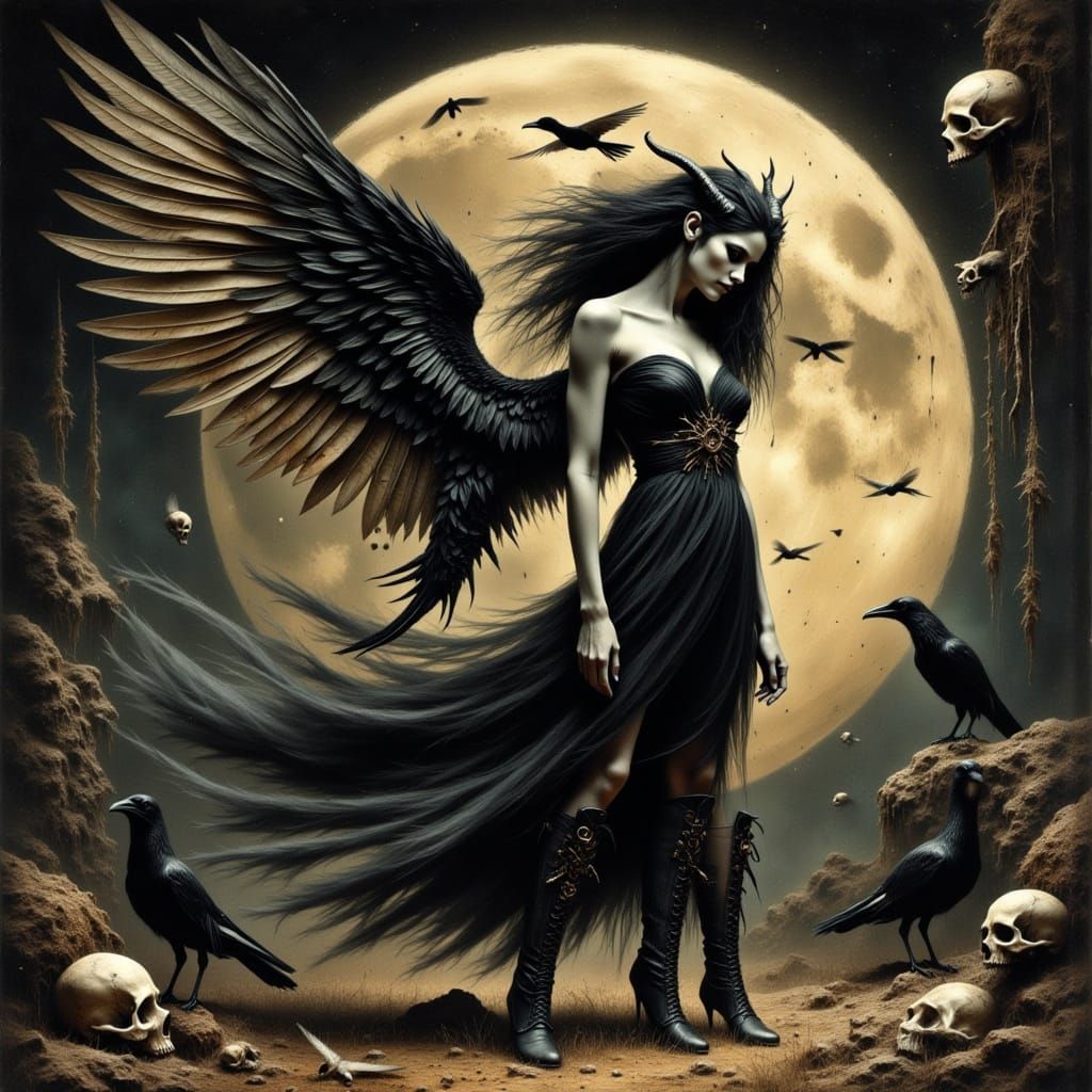 Mystical Elf Creature with Feather Wings in Grunge Style