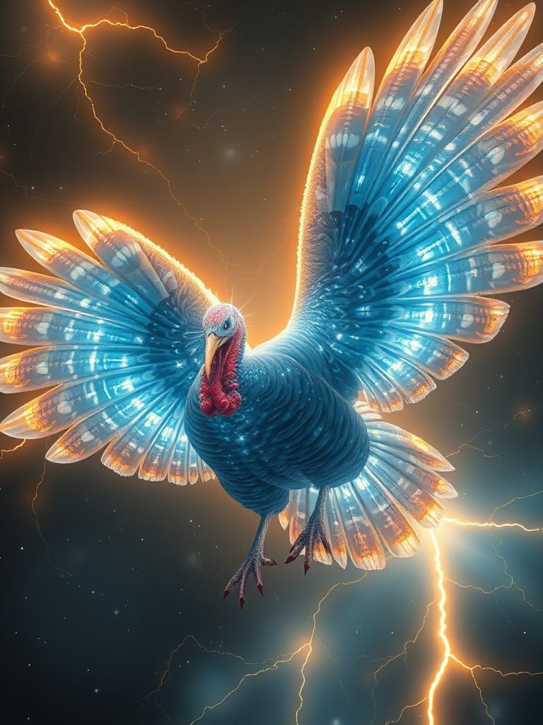 Colossal Bioluminescent Turkey Soars Through Cosmic Void