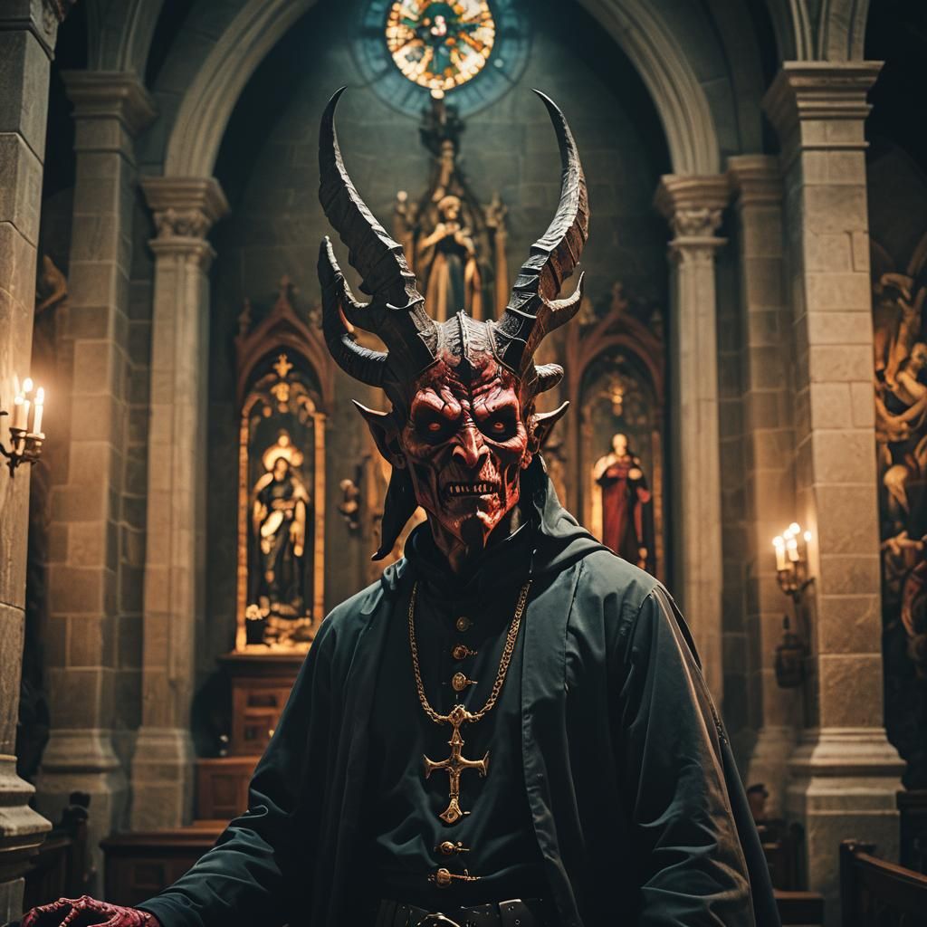 Repented Devil in Chapel: Cinematic Film Still