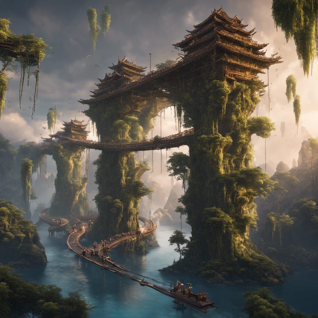 Floating Islands Connected by Bamboo Bridges