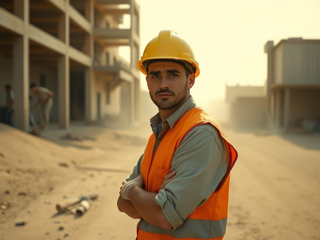 Humorous Construction Worker in Cinematic Film Still