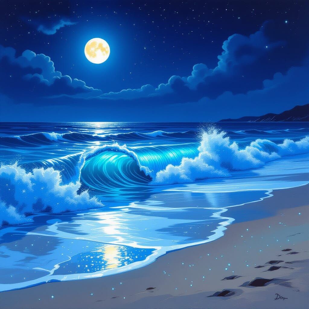 Bioluminescent Wave at Night in Surrealist Style